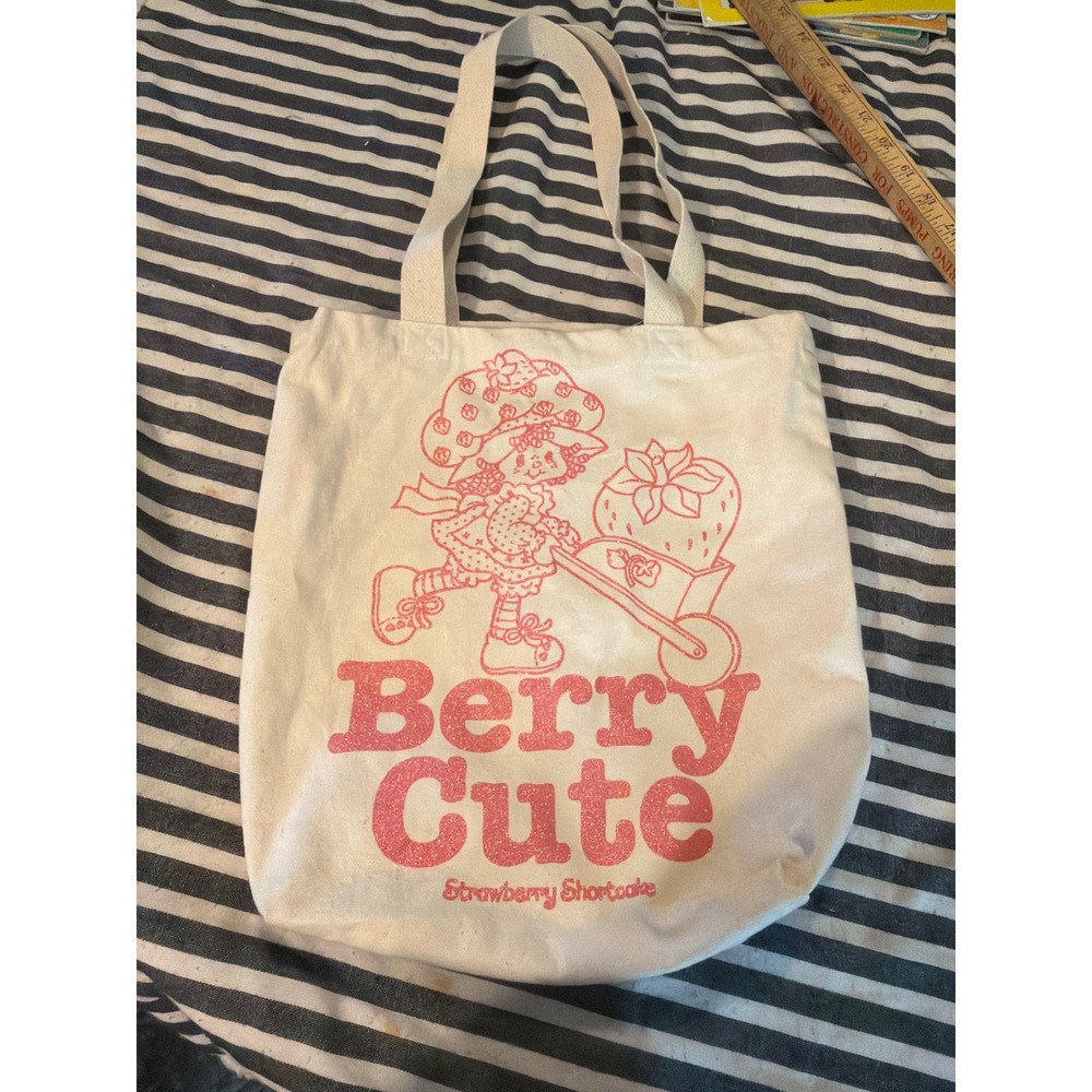 Strawberry Shortcake Berry Cute Pink Glitter Canvas Tote Bag Cream Shopper 2024